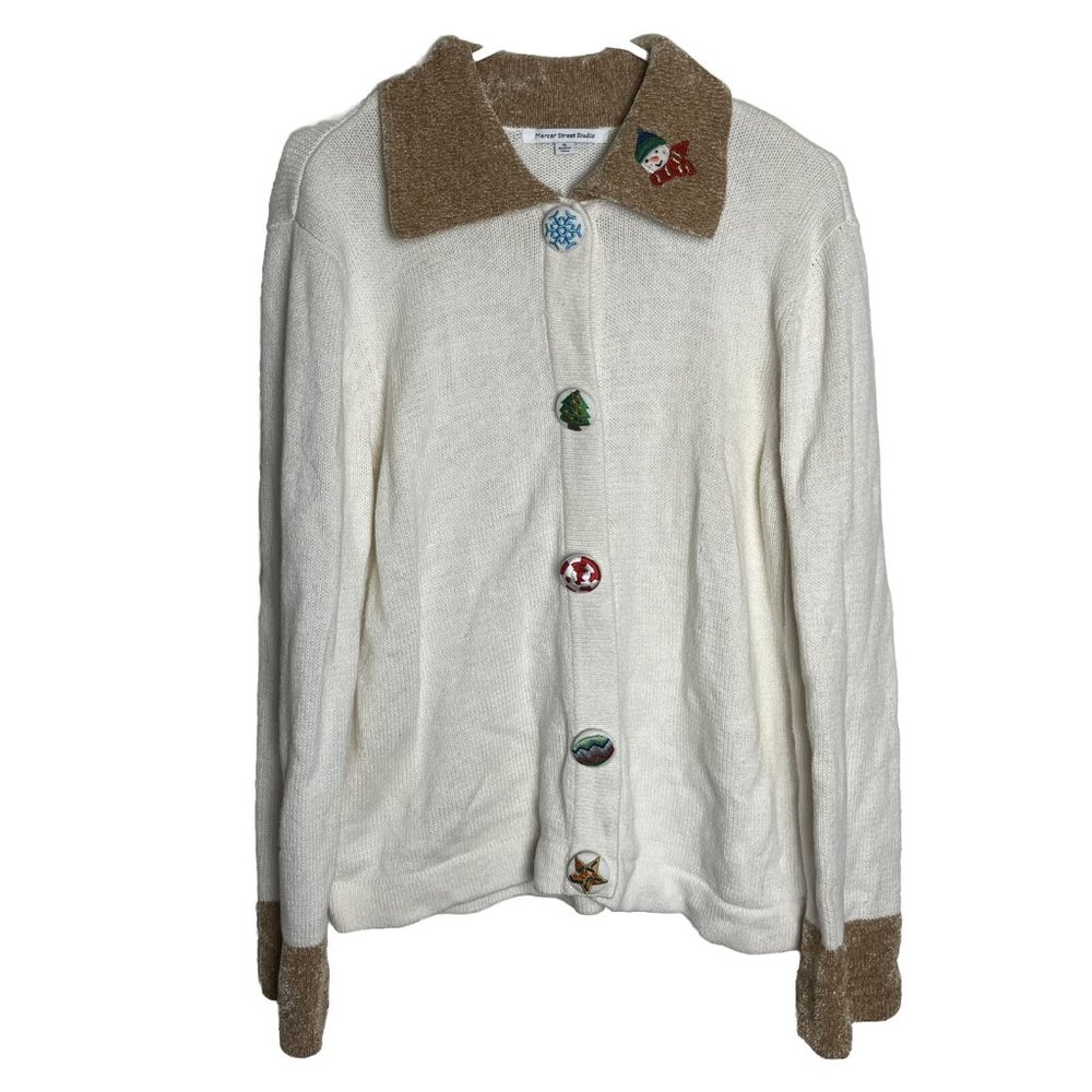 Mercer Street Studio Women Christmas Cardigan Sweater XL Snowman White Tan